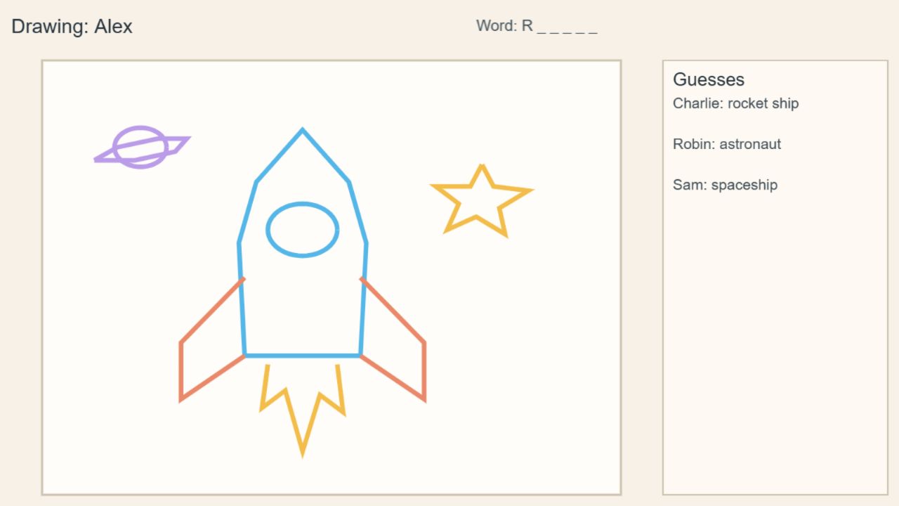 Draw & Guess on the shared screen: a rocket drawing and players’ guesses